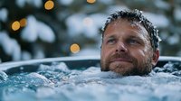 Middle-aged Caucasian man relaxing in outdoor hot tub with warm bokeh lights creating peaceful spa atmosphere for wellness and leisure activities.