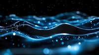 Abstract digital wave visualization with glowing blue particles and flowing lines against dark background, creating dynamic motion effect for technology designs.