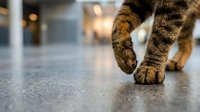 Tabby cat paws walking on a gray floor, close-up low angle view with blurred indoor background and soft bokeh lighting.
