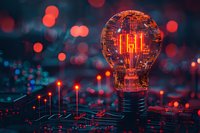 Digital light bulb with glowing circuit patterns on dark background with red bokeh lights, representing innovation and artificial intelligence technology.