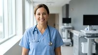 Smiling female healthcare professional in blue scrubs with stethoscope standing in modern hospital corridor with medical equipment and natural lighting.