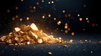 Shimmering gold nuggets and dust scattered on dark surface with magical bokeh light effect and sparkles in dramatic lighting for luxury design background.