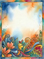 Watercolor frame with ornamental floral borders and swirling decorative elements in vibrant blues, oranges, and teals. Central white space ideal for text, invitations, or greeting cards.