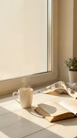 Cream ceramic mug beside open book on white wooden desk near window with natural sunlight, ideal for lifestyle and reading content.