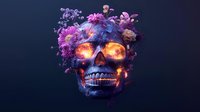 Glowing skull adorned with vibrant purple and pink flowers against dark background, featuring illuminated eye sockets creating ethereal Halloween atmosphere.