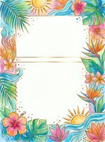 Watercolor tropical frame with hibiscus, palm leaves, bird of paradise, sun, and ocean waves, with white copy space for text or design.