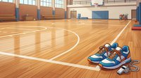 Pair of blue and orange sneakers with white laces on wooden gymnasium floor featuring court markings, ideal for sports, fitness, and athletic footwear marketing.