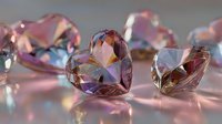 Heart-shaped crystal gemstones in pink and clear tones with faceted surfaces reflecting light, creating a romantic luxury jewelry concept.