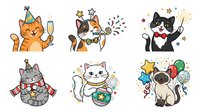 Cute cats celebrating party occasions with party hats, champagne, confetti and balloons. Isolated clipart collection ready for greeting cards, invitations and festive designs.