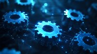 Glowing blue gears connected by digital network lines on dark background represent business automation, technology integration and workflow optimization.