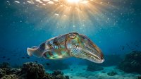 Cuttlefish swimming in deep blue ocean water with sunlight rays penetrating from surface above coral reef creating magical underwater scene for marine life content.