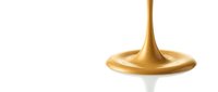 Golden liquid pouring down forming a smooth, glossy puddle on white background, isolated for design use on packaging, advertising, cosmetics, and product marketing materials.