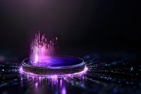 Glowing neon circle platform with rising purple light bars on dark background, futuristic digital visualization with bokeh effect and reflective surface.
