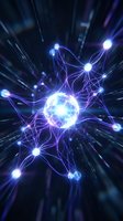 Glowing central sphere connected by luminous blue energy streams to surrounding nodes in dark space, representing network connectivity, data transfer, artificial intelligence, and digital communication systems.