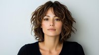 Young woman with tousled brown bob hairstyle and natural makeup wearing black sweater poses against light gray background, looking confident and relaxed at camera.