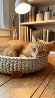 Ginger tabby cat resting in knitted beige pet bed on wooden floor beside desk lamp, bookshelf with volumes and writing supplies in background, cozy home office setting.