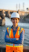 Confident female engineer in safety gear smiling at hydroelectric dam construction site with water flowing through spillways during golden hour sunset.