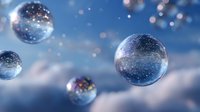 Magical floating spheres with glittering sparkles inside against dreamy blue background, creating ethereal atmosphere for fantasy and magical design concepts.