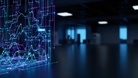 Digital financial data visualization with glowing charts and graphs in modern office environment for business analytics and market research.
