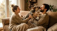 Young couple relaxing on cozy sofa with adorable tabby cat in warm sunlit living room. Perfect for lifestyle, relationships, and pet ownership content.