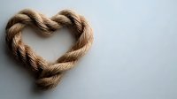 Rustic natural jute rope twisted into heart shape on light gray background, symbolizing love, connection and sustainable lifestyle choices.