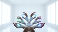 Multiple hands reaching upward displaying holographic digital icons and symbols in bright modern room with natural lighting for technology presentations.