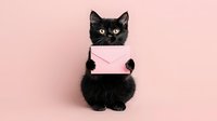 Black kitten holding pink envelope against pastel pink background, delivering love message or invitation. Cute pet mail carrier concept for greeting cards.