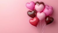 Heart-shaped balloons in pink and chocolate brown colors floating against soft pink background for romantic celebrations and love themes.