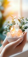 Feminine hands holding concrete bowl with glowing pink himalayan salt crystals and eucalyptus leaves, soft natural lighting creates magical healing atmosphere.