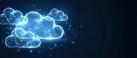 Digital cloud computing network with glowing blue wireframe clouds and connecting dots on dark background for technology and data storage concepts.
