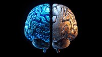 Split human brain with contrasting blue and copper metallic hemispheres on black background showing detailed neural pathways and anatomical structure.