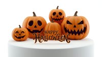 Carved jack-o-lantern pumpkins with happy and spooky faces arranged on white surface with happy halloween text for seasonal holiday decorations.