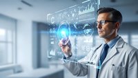 Male doctor in white coat interacting with futuristic holographic medical interface displaying data charts and digital healthcare technology in modern hospital.