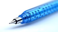 Blue transparent mechanical pencil with ergonomic grip dots pattern on white background, macro photography showing fine details and metallic tip.