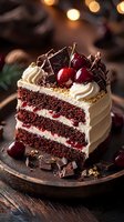 Slice of chocolate cherry layer cake with cream frosting, fresh cherries and chocolate pieces on top, decorated with gold sprinkles on rustic wooden surface.