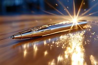 Metallic pen with dramatic light burst and golden sparkles on reflective surface creates magical writing atmosphere for creative inspiration and storytelling.