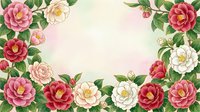Watercolor floral frame with red, pink and white camellia flowers and green leaves on soft pastel background with copy space.
