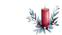 Red burning candle decorated with watercolor dusty blue leaves and red berries arrangement on white background, isolated design element for holiday decor.