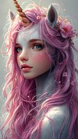 Magical unicorn girl with pink flowing hair, freckles, and floral crown adorned with cherry blossoms. Fantasy art portrait featuring ethereal lighting and dreamy expression.