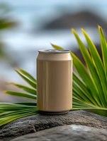 Beige aluminum beverage can on wooden surface with tropical palm leaves in blurred beach background for summer drink packaging and branding concepts.