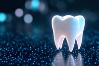 Glowing white molar tooth floating over dark blue sparkly background with bokeh lights, dental care concept for dentistry and oral health promotion.