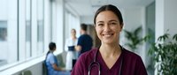 Smiling female healthcare professional in burgundy scrubs with stethoscope standing in modern hospital corridor with colleagues in background.