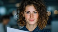 Young professional woman with curly brown hair smiling confidently in modern office environment. Business portrait for corporate communications and marketing.