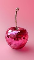 Red disco ball shaped like apple with glitter stem on pink background, creative party concept combining retro dance culture with fruit design elements.