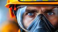 Close-up portrait of Caucasian male emergency responder wearing protective safety goggles and yellow hard hat for industrial workplace safety training.