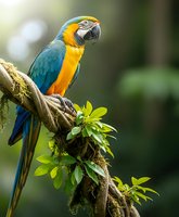 Blue and yellow macaw parrot perched on moss-covered branch in tropical rainforest habitat with green foliage background for wildlife photography.