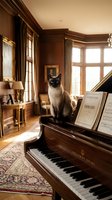 Siamese cat sitting on grand piano in luxurious music room with wooden paneling, sheet music, and classical interior design elements for home decor and lifestyle content.