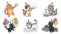 Cartoon cats celebrating with balloons, party hats, confetti and gift boxes in various festive poses on isolated white background, suitable for greeting cards, invitations, children's designs and party-related projects.