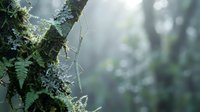 Sunlight filters through misty forest creating ethereal atmosphere with moss-covered tree trunk and ferns in natural woodland environment.