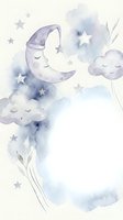 Watercolor crescent moon with sleeping face surrounded by dreamy clouds and stars in soft purple and blue tones for nursery decor and baby shower designs.